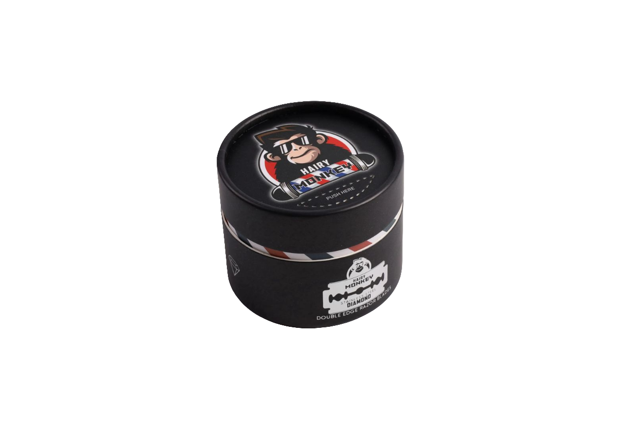 Compact design of Hairy Monkey Razor Blades container